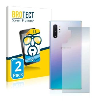 Vorderseite einer Produktverpackung mit dem Markenlogo BROTECT. Daneben ist das Gerät Samsung Galaxy Note 10 Plus (Rückseite) 