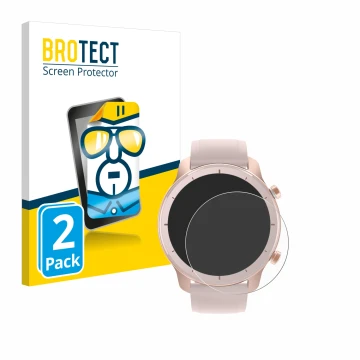 Vorderseite einer Produktverpackung mit dem Markenlogo BROTECT. Daneben ist das Gerät Huami Amazfit GTR (42 mm) mit dem zugehö