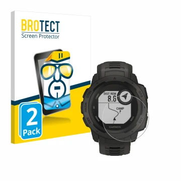 Vorderseite einer Produktverpackung mit dem Markenlogo BROTECT. Daneben ist das Gerät Garmin Instinct Tactical Edition mit dem