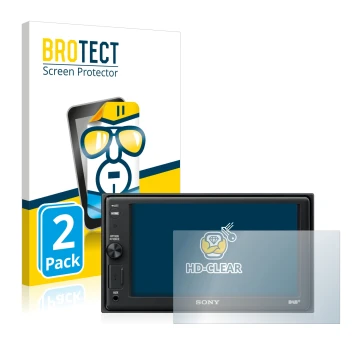 Vorderseite einer Produktverpackung mit dem Markenlogo BROTECT. Daneben ist das Gerät Sony XAV-AX1005DB mit dem zugehörigen Di