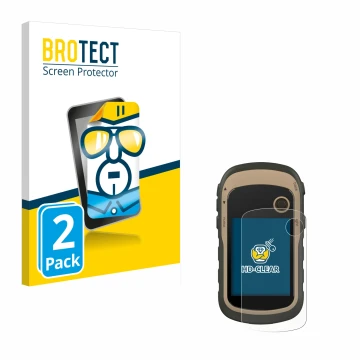 Vorderseite einer Produktverpackung mit dem Markenlogo BROTECT. Daneben ist das Gerät Garmin eTrex 32x mit dem zugehörigen Dis