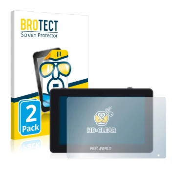 Vorderseite einer Produktverpackung mit dem Markenlogo BROTECT. Daneben ist das Gerät Feelworld F6 Plus mit dem zugehörigen Di