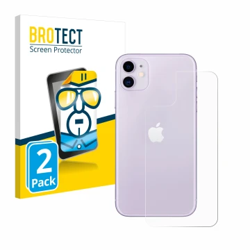 Vorderseite einer Produktverpackung mit dem Markenlogo BROTECT. Daneben ist das Gerät Apple iPhone 11 (Rückseite) mit dem zuge