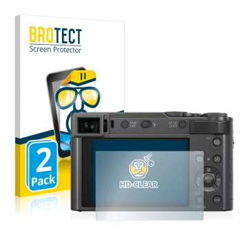 Vorderseite einer Produktverpackung mit dem Markenlogo BROTECT. Daneben ist das Gerät Panasonic Lumix DC-TZ200 mit dem zugehör