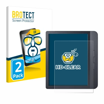 Vorderseite einer Produktverpackung mit dem Markenlogo BROTECT. Daneben ist das Gerät Kobo Libra H2O mit dem zugehörigen Displ