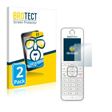 Vorderseite einer Produktverpackung mit dem Markenlogo BROTECT. Daneben ist das Gerät AVM Fritz!Fon C6 mit dem zugehörigen Dis