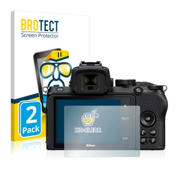 Vorderseite einer Produktverpackung mit dem Markenlogo BROTECT. Daneben ist das Gerät Nikon Z 50 mit dem zugehörigen Displaysc