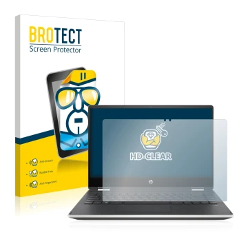 Vorderseite einer Produktverpackung mit dem Markenlogo BROTECT. Daneben ist das Gerät HP Pavilion x360 (14-dhX) mit dem zugehö
