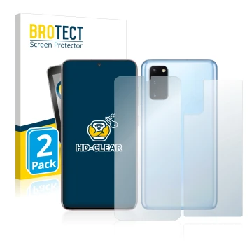 Vorderseite einer Produktverpackung mit dem Markenlogo BROTECT. Daneben ist das Gerät Samsung Galaxy S20 (Display+Rückseite) m