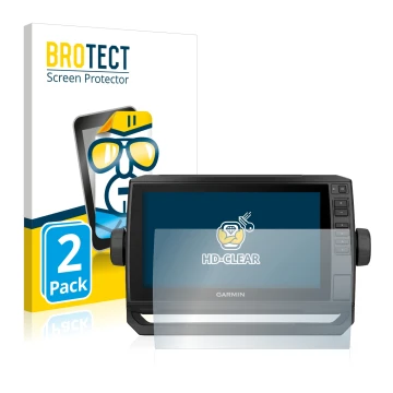 Vorderseite einer Produktverpackung mit dem Markenlogo BROTECT. Daneben ist das Gerät Garmin ECHOMAP UHD 92sv mit dem zugehöri