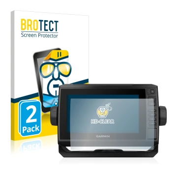 Vorderseite einer Produktverpackung mit dem Markenlogo BROTECT. Daneben ist das Gerät Garmin ECHOMAP UHD 72cv mit dem zugehöri