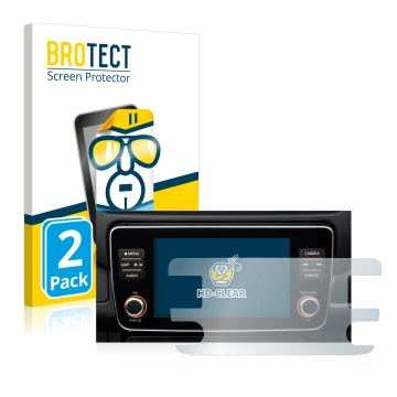 Vorderseite einer Produktverpackung mit dem Markenlogo BROTECT. Daneben ist das Gerät Nissan Leaf E Plus Infotainment System m