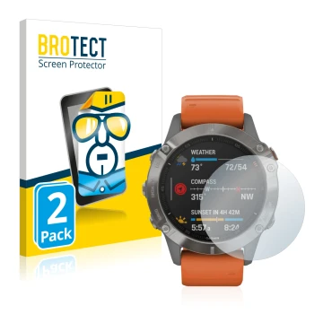 Vorderseite einer Produktverpackung mit dem Markenlogo BROTECT. Daneben ist das Gerät Garmin Fenix 6 mit dem zugehörigen Displ