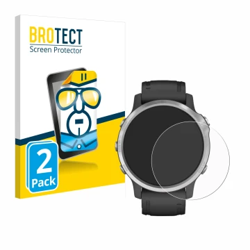Vorderseite einer Produktverpackung mit dem Markenlogo BROTECT. Daneben ist das Gerät Garmin Fenix 6S mit dem zugehörigen Disp