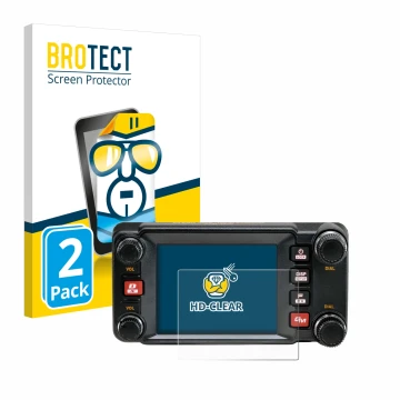Vorderseite einer Produktverpackung mit dem Markenlogo BROTECT. Daneben ist das Gerät Yaesu FTM-400XDR mit dem zugehörigen Dis