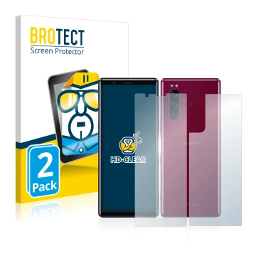 Vorderseite einer Produktverpackung mit dem Markenlogo BROTECT. Daneben ist das Gerät Sony Xperia 5 (Display+Rückseite) mit de