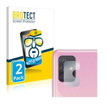 Vorderseite einer Produktverpackung mit dem Markenlogo BROTECT. Daneben ist das Gerät Samsung Galaxy A71 (NUR Kameraschutz) mi