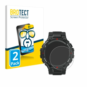 Vorderseite einer Produktverpackung mit dem Markenlogo BROTECT. Daneben ist das Gerät Huami Amazfit T-Rex mit dem zugehörigen 