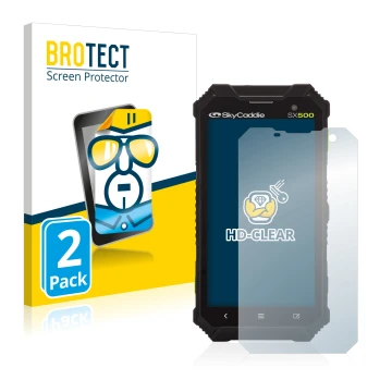 Vorderseite einer Produktverpackung mit dem Markenlogo BROTECT. Daneben ist das Gerät SkyCaddie SX500 mit dem zugehörigen Disp