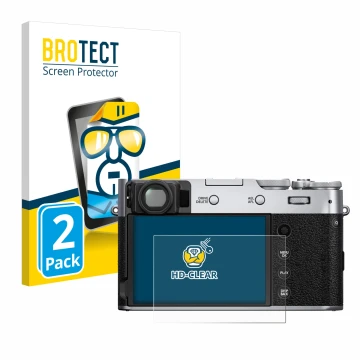 Vorderseite einer Produktverpackung mit dem Markenlogo BROTECT. Daneben ist das Gerät Fujifilm X100V mit dem zugehörigen Displ