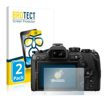 Vorderseite einer Produktverpackung mit dem Markenlogo BROTECT. Daneben ist das Gerät Olympus OM-D E-M1 Mark III mit dem zugeh