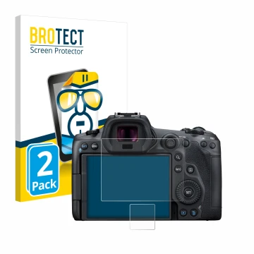 Vorderseite einer Produktverpackung mit dem Markenlogo BROTECT. Daneben ist das Gerät Canon EOS R5 mit dem zugehörigen Display