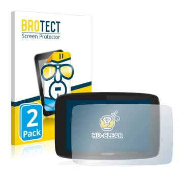 Vorderseite einer Produktverpackung mit dem Markenlogo BROTECT. Daneben ist das Gerät TomTom Go Professional 6200 mit dem zuge