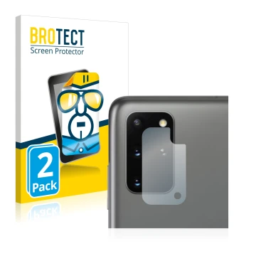 Vorderseite einer Produktverpackung mit dem Markenlogo BROTECT. Daneben ist das Gerät Samsung Galaxy S20 Plus 5G (NUR Kamerasc