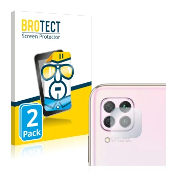 Vorderseite einer Produktverpackung mit dem Markenlogo BROTECT. Daneben ist das Gerät Huawei P40 lite (NUR Kameraschutz) mit d