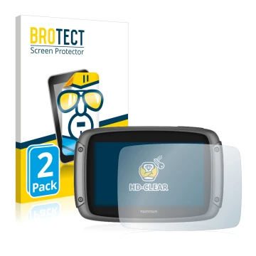 Vorderseite einer Produktverpackung mit dem Markenlogo BROTECT. Daneben ist das Gerät TomTom Rider 50 mit dem zugehörigen Disp