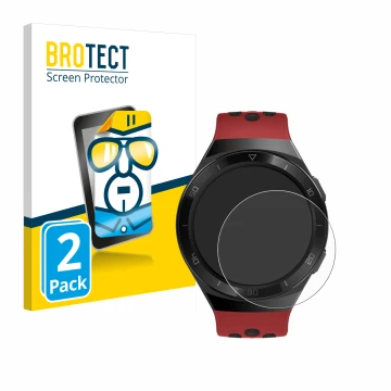 Vorderseite einer Produktverpackung mit dem Markenlogo BROTECT. Daneben ist das Gerät Huawei Watch GT 2e mit dem zugehörigen D