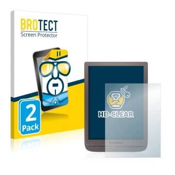 Vorderseite einer Produktverpackung mit dem Markenlogo BROTECT. Daneben ist das Gerät PocketBook InkPad 3 Pro mit dem zugehöri