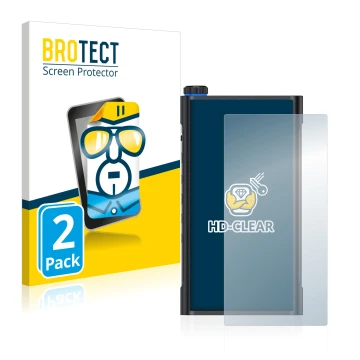 Vorderseite einer Produktverpackung mit dem Markenlogo BROTECT. Daneben ist das Gerät FiiO M15 mit dem zugehörigen Displayschu