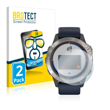 Vorderseite einer Produktverpackung mit dem Markenlogo BROTECT. Daneben ist das Gerät Garmin quatix 6 mit dem zugehörigen Disp