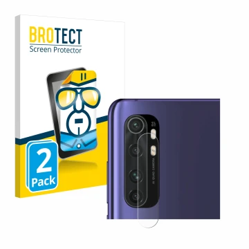 Vorderseite einer Produktverpackung mit dem Markenlogo BROTECT. Daneben ist das Gerät Xiaomi Mi Note 10 Lite (NUR Kameraschutz