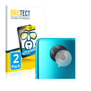 Vorderseite einer Produktverpackung mit dem Markenlogo BROTECT. Daneben ist das Gerät Xiaomi Poco F2 Pro (NUR Kameraschutz) mi