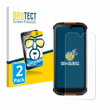 Vorderseite einer Produktverpackung mit dem Markenlogo BROTECT. Daneben ist das Gerät Oukitel WP6 mit dem zugehörigen Displays