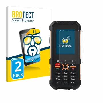 Vorderseite einer Produktverpackung mit dem Markenlogo BROTECT. Daneben ist das Gerät RugGear RG170 mit dem zugehörigen Displa