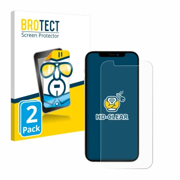 Vorderseite einer Produktverpackung mit dem Markenlogo BROTECT. Daneben ist das Gerät Apple iPhone 12 mit dem zugehörigen Disp