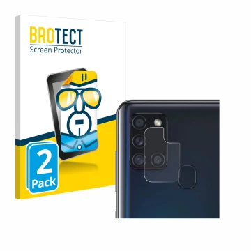 Vorderseite einer Produktverpackung mit dem Markenlogo BROTECT. Daneben ist das Gerät Samsung Galaxy A21s (NUR Kameraschutz) m