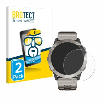 Vorderseite einer Produktverpackung mit dem Markenlogo BROTECT. Daneben ist das Gerät Garmin quatix 6x Solar mit dem zugehörig