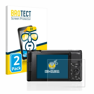 Vorderseite einer Produktverpackung mit dem Markenlogo BROTECT. Daneben ist das Gerät Sony ZV-1 mit dem zugehörigen Displaysch