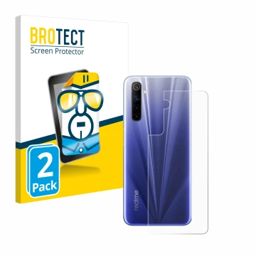 Vorderseite einer Produktverpackung mit dem Markenlogo BROTECT. Daneben ist das Gerät realme 6 (Rückseite) mit dem zugehörigen