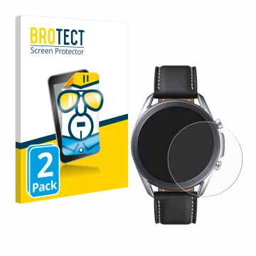 Vorderseite einer Produktverpackung mit dem Markenlogo BROTECT. Daneben ist das Gerät Samsung Galaxy Watch 3 (45mm) mit dem zu