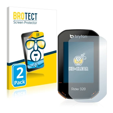 Vorderseite einer Produktverpackung mit dem Markenlogo BROTECT. Daneben ist das Gerät Bryton Rider 320 mit dem zugehörigen Dis