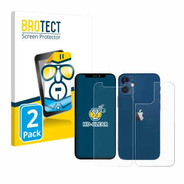 Vorderseite einer Produktverpackung mit dem Markenlogo BROTECT. Daneben ist das Gerät Apple iPhone 12 mini (Display+Rückseite)