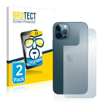 Vorderseite einer Produktverpackung mit dem Markenlogo BROTECT. Daneben ist das Gerät Apple iPhone 12 Pro (Rückseite) mit dem 