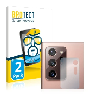 Vorderseite einer Produktverpackung mit dem Markenlogo BROTECT. Daneben ist das Gerät Samsung Galaxy Note 20 Ultra (NUR Kamera
