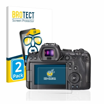 Vorderseite einer Produktverpackung mit dem Markenlogo BROTECT. Daneben ist das Gerät Canon EOS R6 mit dem zugehörigen Display