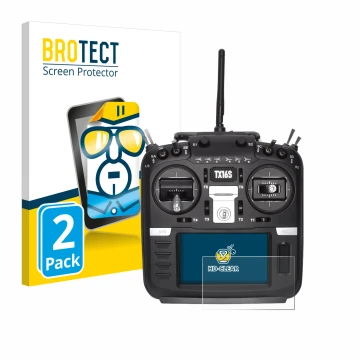 Vorderseite einer Produktverpackung mit dem Markenlogo BROTECT. Daneben ist das Gerät Radiomaster TX16S mit dem zugehörigen Di